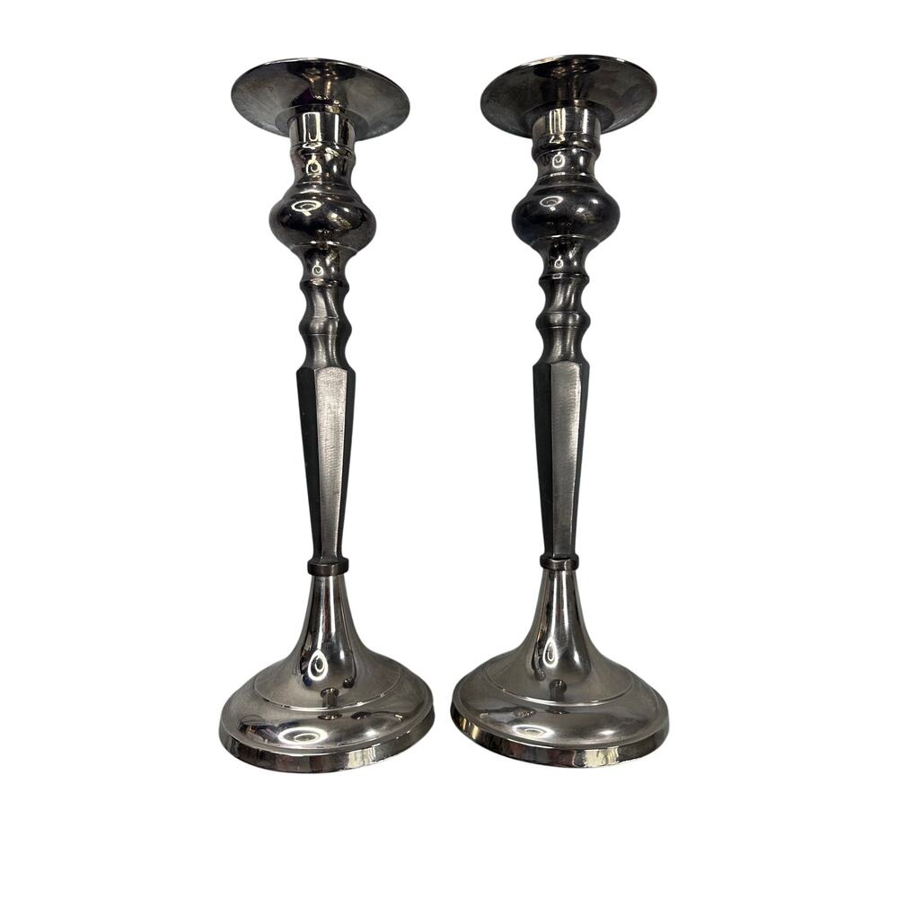 Taper Candle Holder Silver Plate Hexagonal Metal Traditional Classic Pair